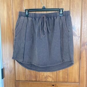 Umgee Faded Black Distressed Knit Pull on Mini Skirt Large Cotton Drawstring